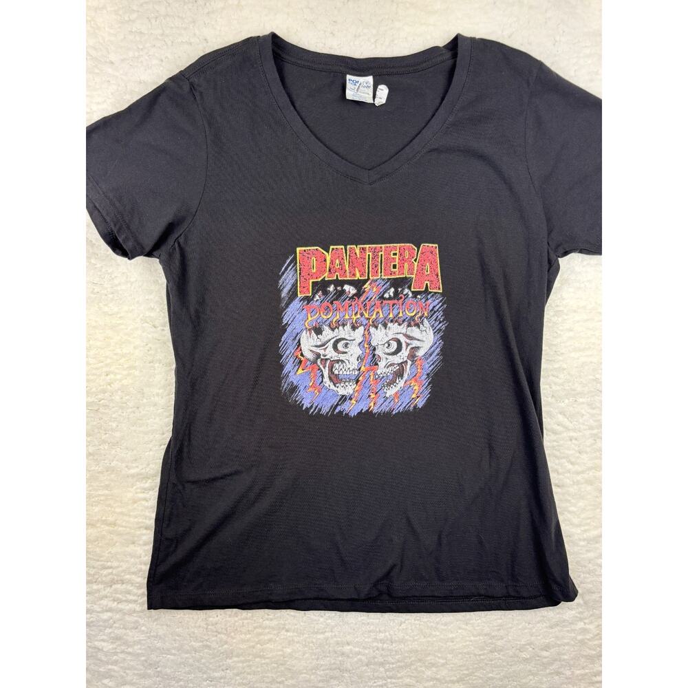Pantera Domination Skulls V-Neck Tee | Women’s Large | Black Graphic Shirt NWOT